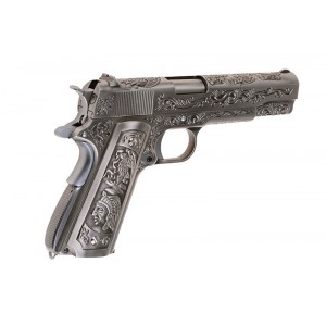 Страйкбольный пистолет Colt 1911 Etched Version, хром, металл, блоу бэк, грин газ